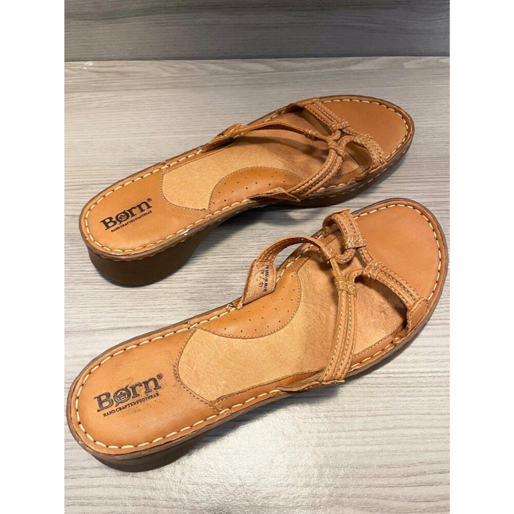 Born Leather Slide Sandals Women's 10 Tan Floral Sole Comfort Slip On Boho